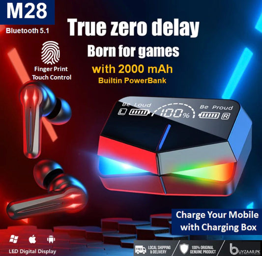M28 GAMing wireless earbuds with RCb lights and digital led display